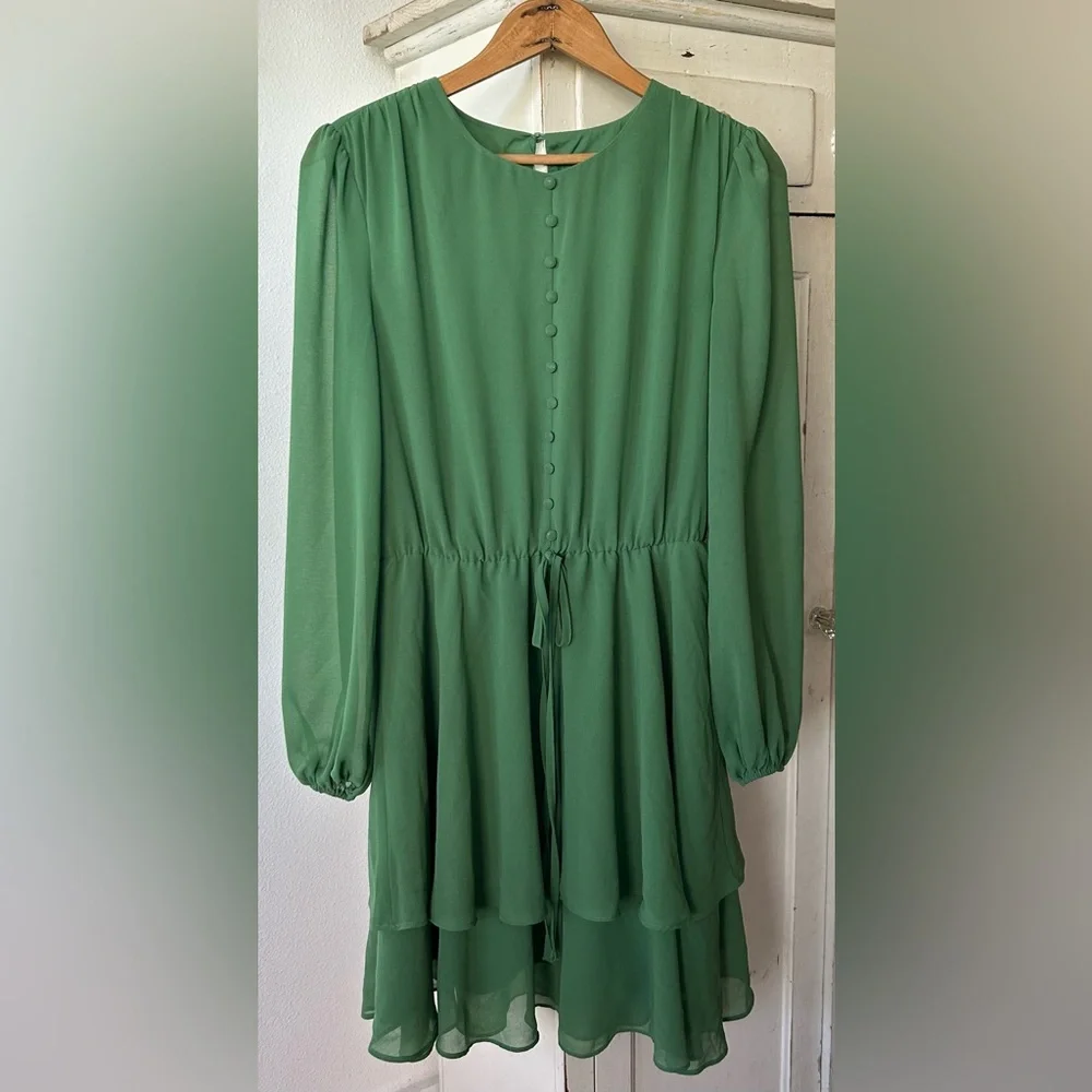 Alexia Admor | Women’s Green Long Sleeve Crewneck Chiffon Balia Mini Dress Sz 2